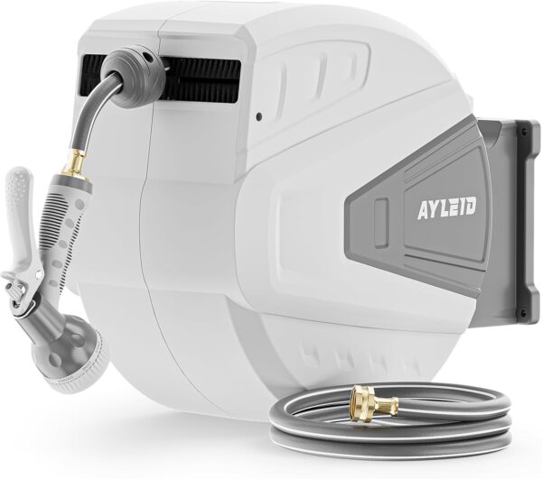 Retractable Garden Hose Reel,1/2 in x 100 ft Wall Mounted Hose Reel, with 9- Function Sprayer Nozzle, Any Length Lock/Slow Return System/Wall Mounted/180°Swivel Bracket (Grey) - Image 2