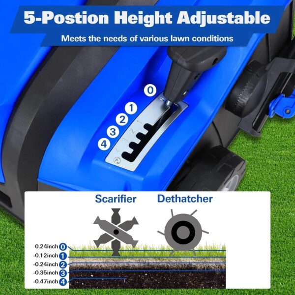 15 Amp Electric Dethatcher & Scarifier: 16" Width, 14.5-Gallon Bag, 2-in-1 Walk-Behind Lawn Tool - Image 4
