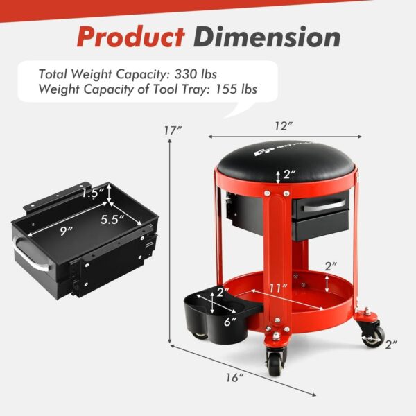 Rolling Mechanic Stool, Pneumatic Shop Stool Creeper Seat with Removable Padded Seat - Image 2