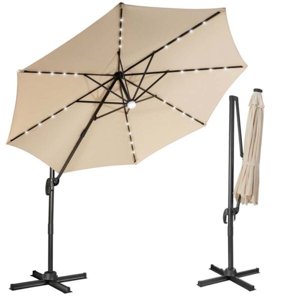 10 FT Cantilever Offset Patio Umbrella 28 Solar LED Lighted Market Umbrella with 3-Tilt Position, Crossed Base - Image 2
