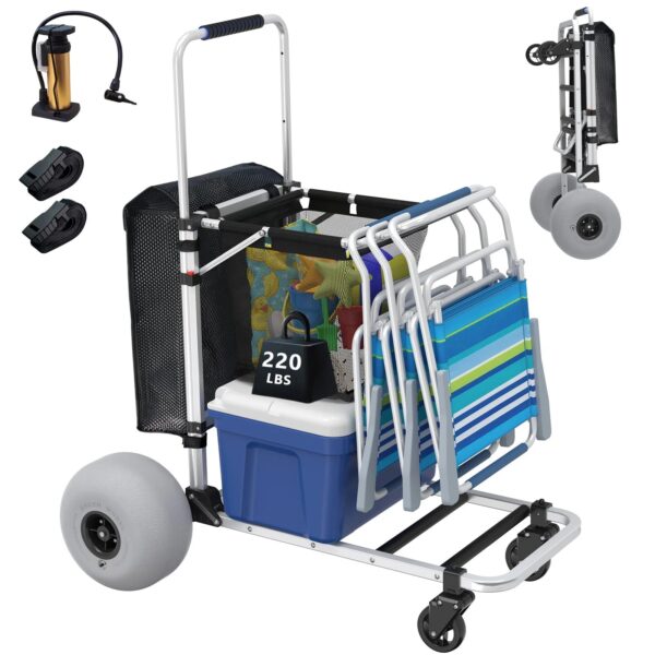 Foldable Beach Cart with Adjustable Handle and 12" Balloon Wheels, Heavy Duty Aluminum 220LBS Capacity - Image 3