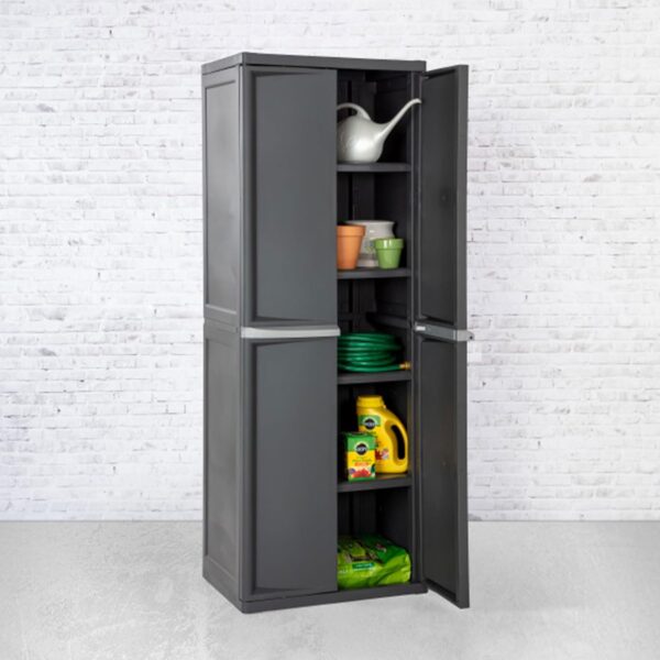 Storage Cabinet, Rugged Plastic Garage Organizer with Double Doors, 4 Adjustable Shelves, Gray - Image 5