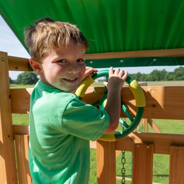 Mount Mckinley Cedar Wood Swing Set with Wave Slide, Play Deck, Double Rock Wall, Rope Ladder, Web Swing, Belt Swings, Toy Telescope, Steering Wheel, Sandbox Area, Outdoor Playset - Image 12