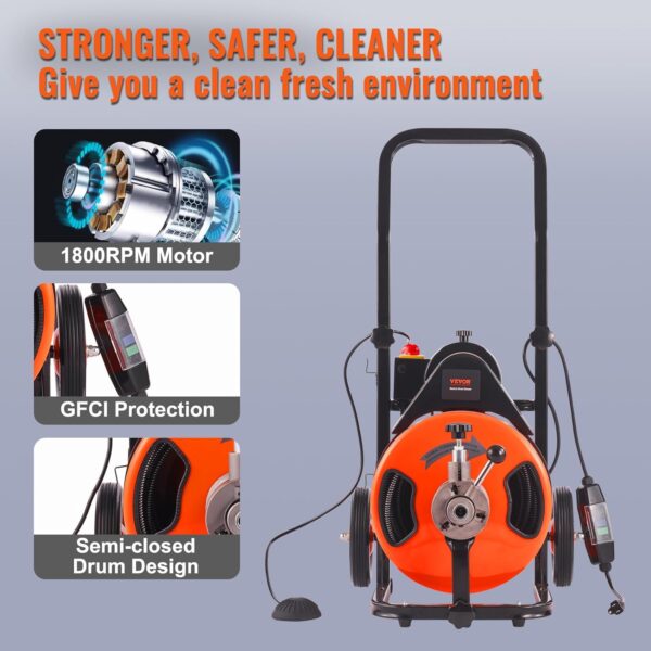 Drain Cleaner Machine 100FT x 1/2Inch, Auto Feed Sewer Snake Auger with 4 Cutter & Air-activated Foot Switch for 1" to 4" Pipes, Orange, Black - Image 16