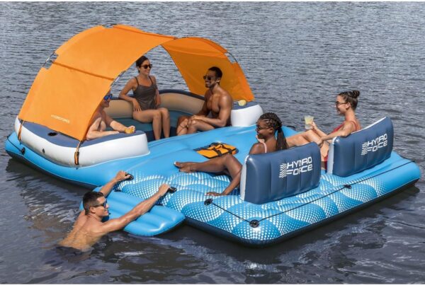 Tropical Breeze 6 Person Inflatable Party Island Large Relaxing Water Float with Detachable Sunshade and Cooler Bag - Image 2