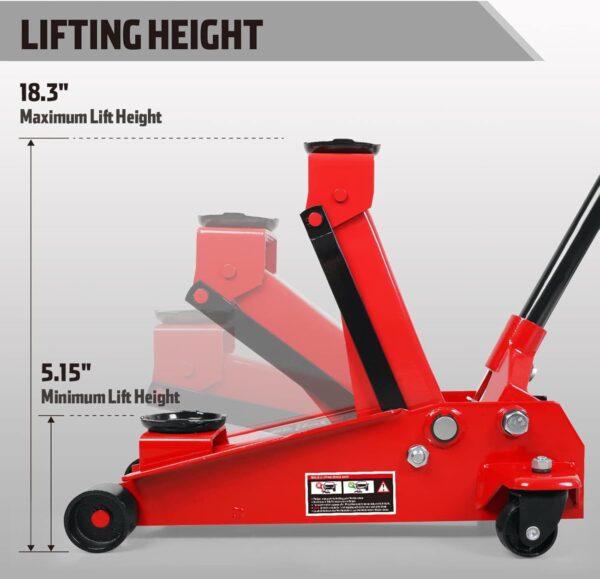3 Ton Low Profile, Aluminum and Steel Racing Floor Jack with Dual Pistons Quick Lift Pump for Sport Utility Vehicle, Lifting Range 3-15/16" min to 18-5/16" max, Red - Image 9