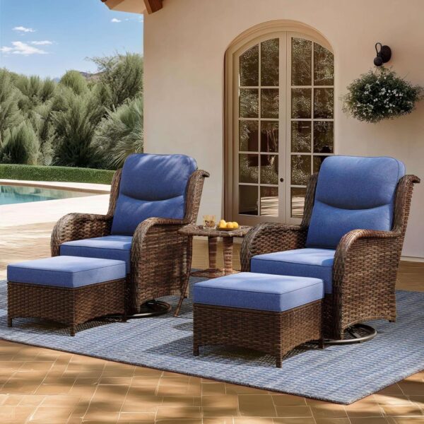 Outdoor Swivel Rocker Patio Chairs with 6-Inch Thick Cushions and Side Table, 3PCS High Back Wicker Patio Furniture Set for Porch, Balcony, Deck and Yard in Blue - Image 3