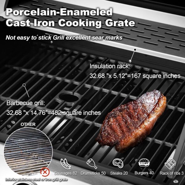 Upgraded 4 Burner BBQ Propane Gas Grill with Cast Iron Grates & Side Stove, 44,000 BTU Stainless Steel Burner Barbecue Grill for Patio, Camping, Outdoor Cooking MELLCOM - Image 9