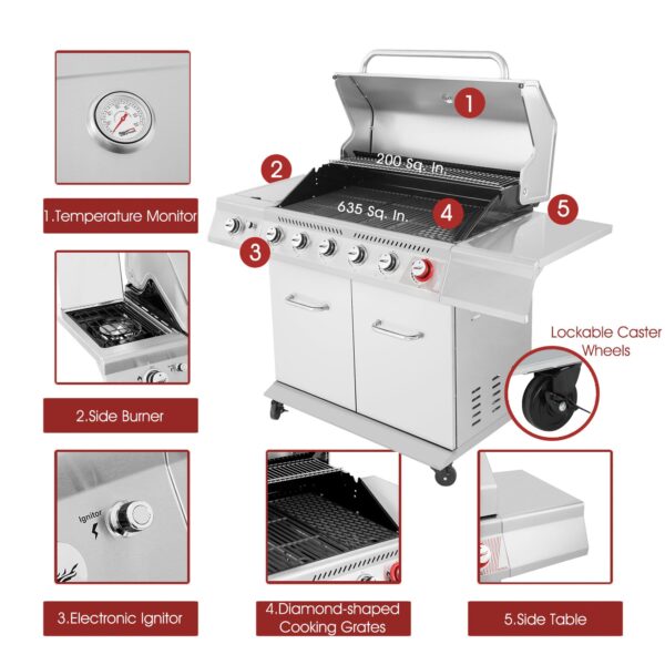 Royal Gourmet GA6402S Stainless Steel Gas Grill, Premier 6-Burner Propane Grill with Sear Burner and Side Burner, 74,000 BTU, Cabinet Style, Outdoor BBQ Party Grill, Silver - Image 15