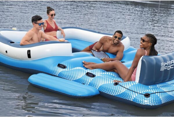 Tropical Breeze 6 Person Inflatable Party Island Large Relaxing Water Float with Detachable Sunshade and Cooler Bag - Image 3