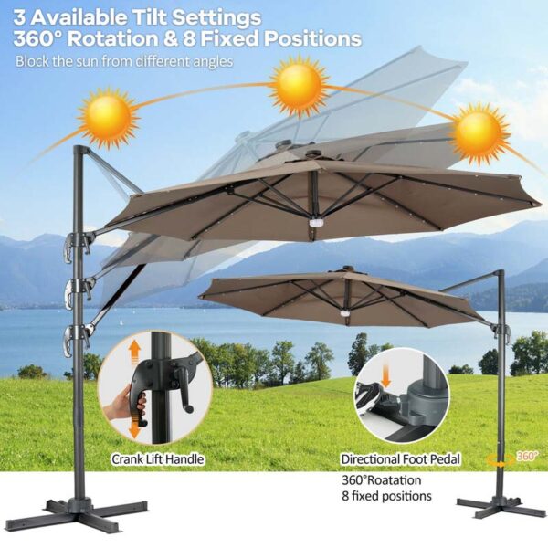 10 FT Cantilever Offset Patio Umbrella 28 Solar LED Lighted Market Umbrella with 3-Tilt Position, Crossed Base - Image 16