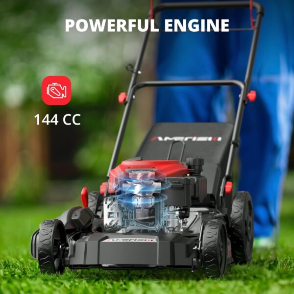 21" Steel Deck Gas Lawn Mower, Heavy-Duty 3-in-1 Push Mower, 144cc 4-Stroke Engine, 6-Position Height Adjustment, Large 1.4 Bushel Grass Catcher, Durable & Efficient for Yard & Garden - Image 5