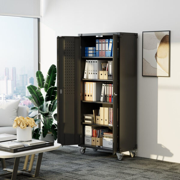 72 in Metal Garage Storage Cabinet with Wheels and Pegboard, Black Tall Rolling Tool Cabinet with 4 Adjustable Shelves - Image 4