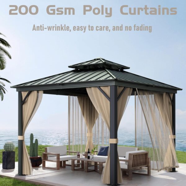 10’x10′ Hardtop Gazebo with double metal roof, aluminum frame, net, and curtain. All-weather, ideal for patio, deck, garden, backyard. Khaki. - Image 19