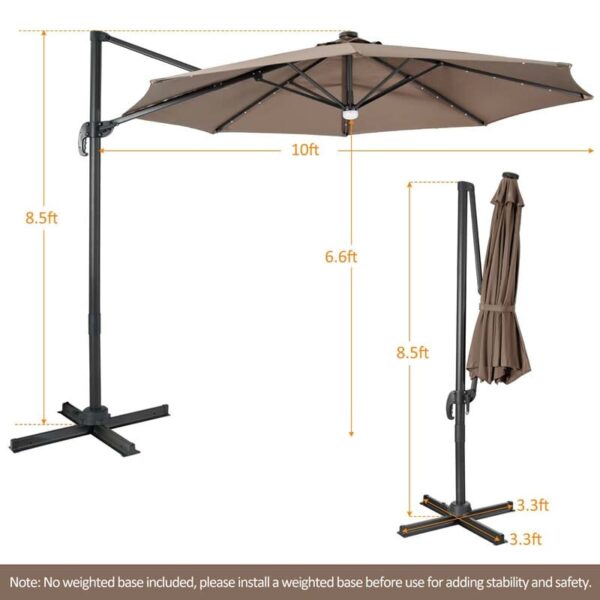 10 FT Cantilever Offset Patio Umbrella 28 Solar LED Lighted Market Umbrella with 3-Tilt Position, Crossed Base - Image 13