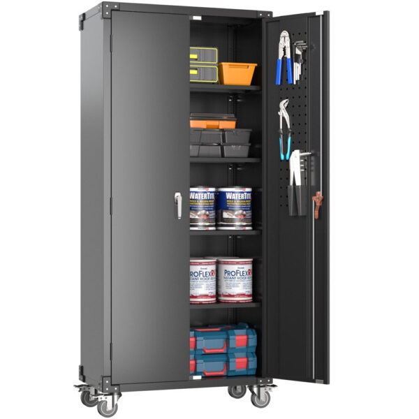 72 in Metal Garage Storage Cabinet with Wheels and Pegboard, Black Tall Rolling Tool Cabinet with 4 Adjustable Shelves - Image 3