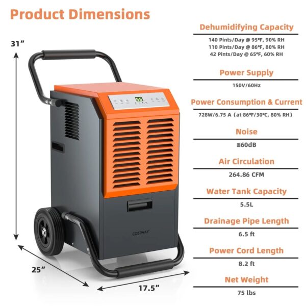 140 pints Commercial Dehumidifier, Industrial Dehumidifier with 1.45 Gallon Water Tank & Drainage Pipe - Image 5