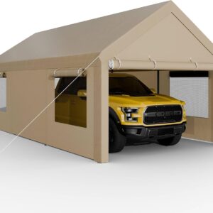 Carport, 12x20 ft Heavy Duty Carport with Roll-up Windows, Portable Garage with Removable Sidewalls & Doors, Car Canopy with Sandbags and All-Season Tarp for Car Boat Truck Motorcycle