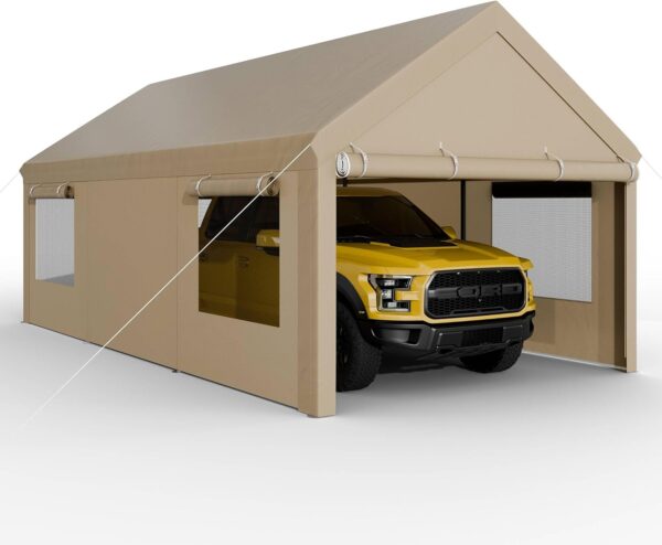 Carport, 12x20 ft Heavy Duty Carport with Roll-up Windows, Portable Garage with Removable Sidewalls & Doors, Car Canopy with Sandbags and All-Season Tarp for Car Boat Truck Motorcycle