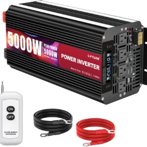 5000 Watt Power Inverter 12V to 110V 120V for Vehicle, Solar Inverter System, Heavy Duty, RV, Truck, Off Grid,Camping with 4 AC Outlets, LCD Display, Wireless Remote Control, Car Power Inverter
