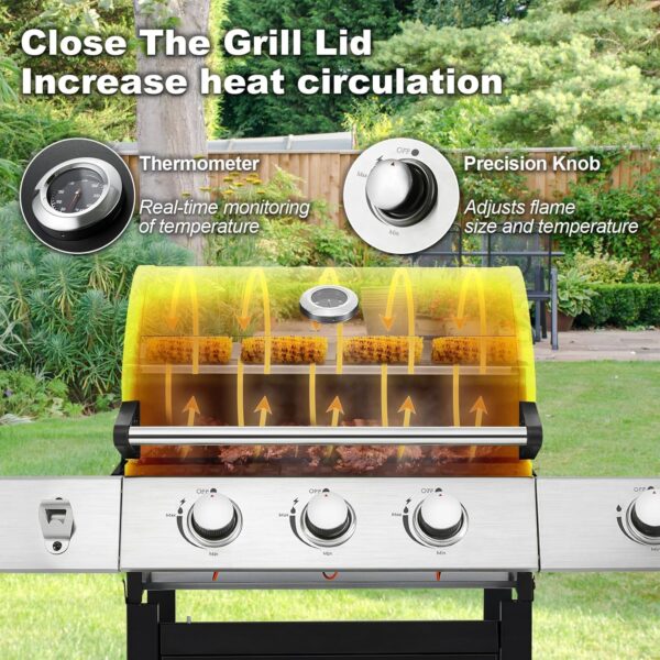 Upgraded 4 Burner BBQ Propane Gas Grill with Cast Iron Grates & Side Stove, 44,000 BTU Stainless Steel Burner Barbecue Grill for Patio, Camping, Outdoor Cooking MELLCOM - Image 49