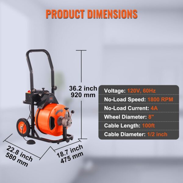 Drain Cleaner Machine 100FT x 1/2Inch, Auto Feed Sewer Snake Auger with 4 Cutter & Air-activated Foot Switch for 1" to 4" Pipes, Orange, Black - Image 19