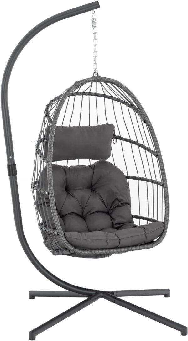 Indoor Outdoor Egg Hanging Chair with Stand, Patio Wicker Swing Egg Chair Indoor Swinging Chair Outdoor Hammock Egg Chair 350lbs Capacity for Patio Bedroom Balcony, Charcoal Grey (EG-001) - Image 20