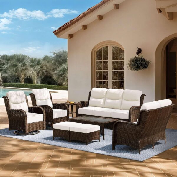 Outdoor Swivel Rocker Patio Chairs with 6-Inch Thick Cushions and Side Table, 3PCS High Back Wicker Patio Furniture Set for Porch, Balcony, Deck and Yard in Blue - Image 6