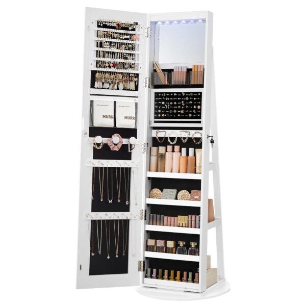 LED Mirror Jewelry Cabinet Standing Jewelry Armoire Organizer Box with Full-Length Mirror and Adjustable LED Lights White - Image 2