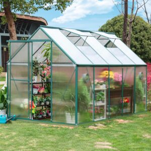 6'x10' Walk-in Greenhouse with 4mm 800G Polycarbonate Panels - Heavy-Duty Aluminum Frame, Wind/Snow Resistant for Gardening, Includes Sliding Door & Ventilation Windows (Green)