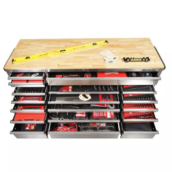 72 in 18-Drawer 24 in. D Mobile Workbench with Solid Wood Top Stainless Steel - Image 5