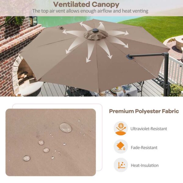 10 FT Cantilever Offset Patio Umbrella 28 Solar LED Lighted Market Umbrella with 3-Tilt Position, Crossed Base - Image 17