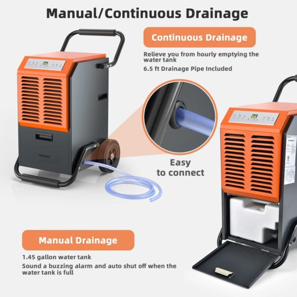 140 pints Commercial Dehumidifier, Industrial Dehumidifier with 1.45 Gallon Water Tank & Drainage Pipe - Image 3