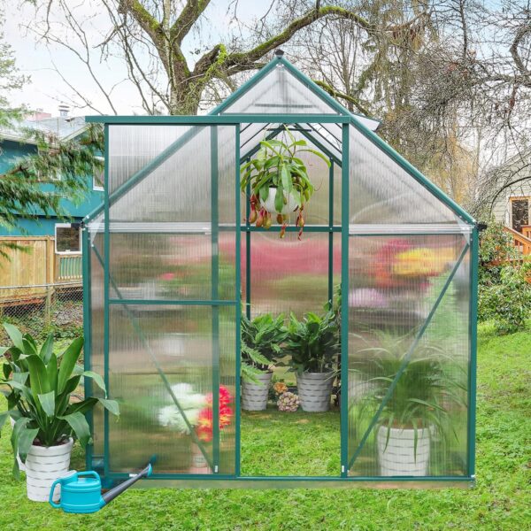 6'x10' Walk-in Greenhouse with 4mm 800G Polycarbonate Panels - Heavy-Duty Aluminum Frame, Wind/Snow Resistant for Gardening, Includes Sliding Door & Ventilation Windows (Green) - Image 3