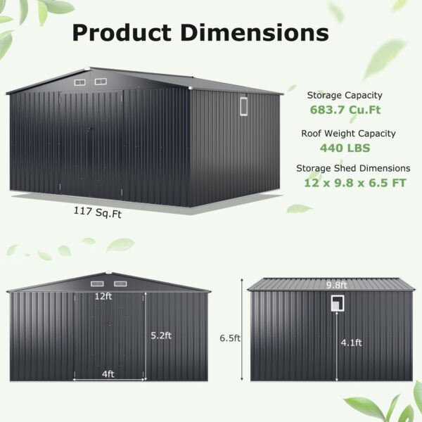12 x 9.8 FT Outdoor Storage Shed, All-Weather & Rustproof Galvanized Metal Utility Tool Shed w/Lockable Door, Pitched Roof - Image 3