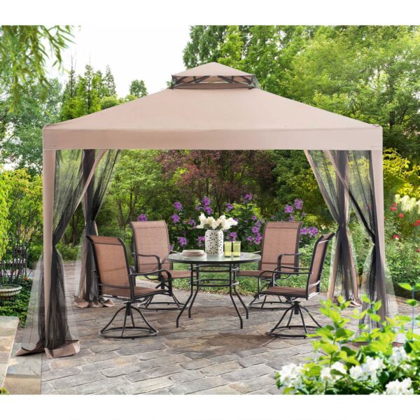 10 x 10 Foot Hampton Soft Top Steel Gazebo with Mosquito Netting, Brown - Image 5