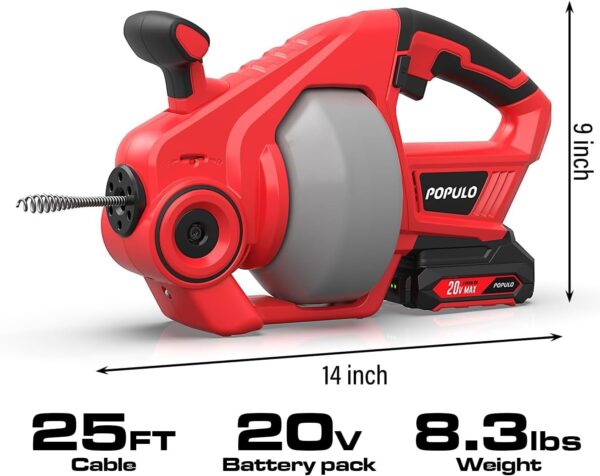 20V Cordless Electric Drain Auger-Efficient 25Ft Auto-Feed Drain Snake with Replaceable Cable,2.0Ah Battery,Charger,Storage Bag & Gloves for Kitchen,Bathroom,Shower Pipes (3/4"-2")" - Image 3