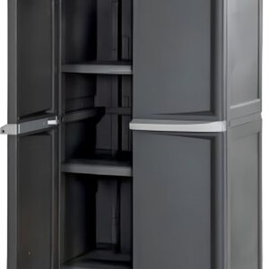 Storage Cabinet, Rugged Plastic Garage Organizer with Double Doors, 4 Adjustable Shelves, Gray
