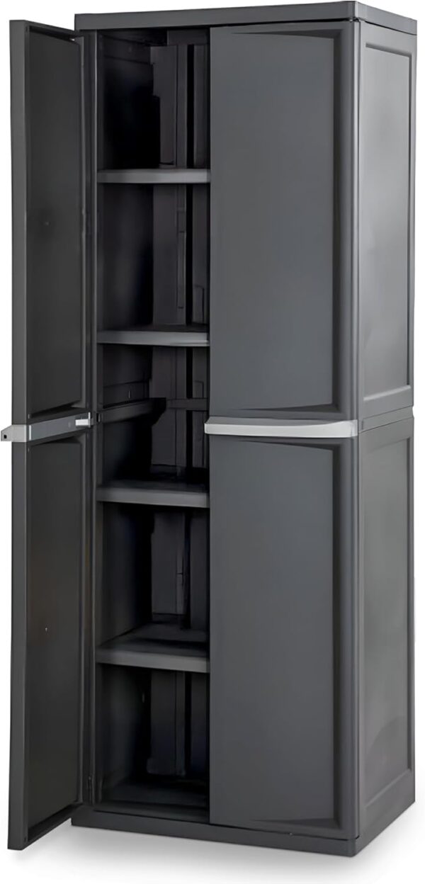 Storage Cabinet, Rugged Plastic Garage Organizer with Double Doors, 4 Adjustable Shelves, Gray