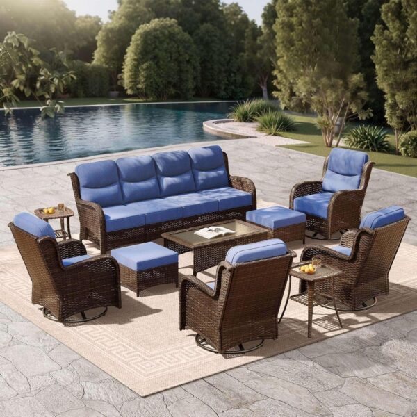 Outdoor Swivel Rocker Patio Chairs with 6-Inch Thick Cushions and Side Table, 3PCS High Back Wicker Patio Furniture Set for Porch, Balcony, Deck and Yard in Blue - Image 2