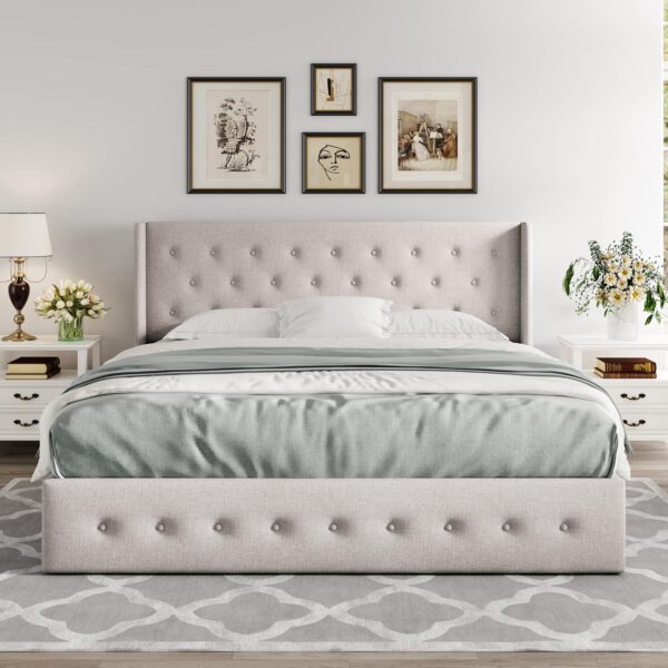 Queen Size Lift Up Storage Bed, Modern Wingback Headboard, Hydraulic Support, No Box Spring Needed, Light Beige - Image 2