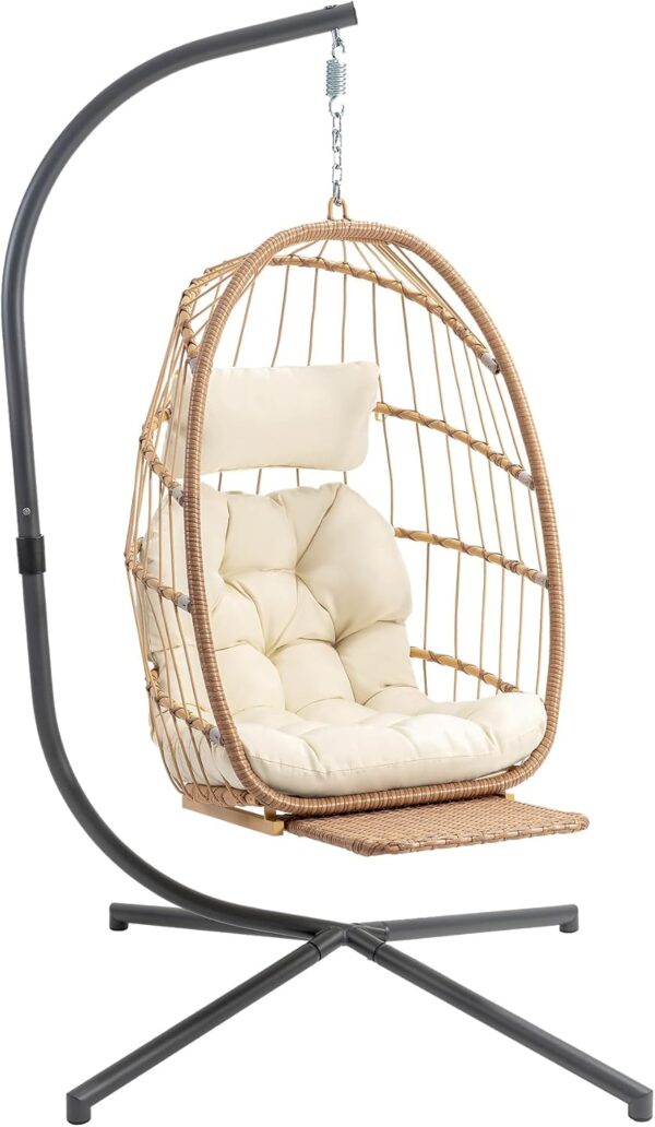 Indoor Outdoor Egg Hanging Chair with Stand, Patio Wicker Swing Egg Chair Indoor Swinging Chair Outdoor Hammock Egg Chair 350lbs Capacity for Patio Bedroom Balcony, Charcoal Grey (EG-001) - Image 15