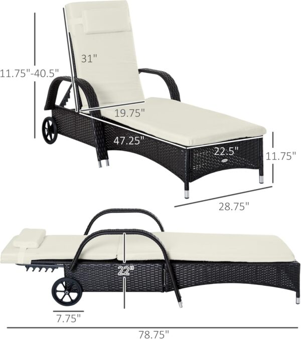 Outdoor Chaise Lounge, 5-Level Adjustable Backrest PE Rattan Pool Lounge Chair with Wheels, Cushion & Headrest, Brown and Dark Blue - Image 3