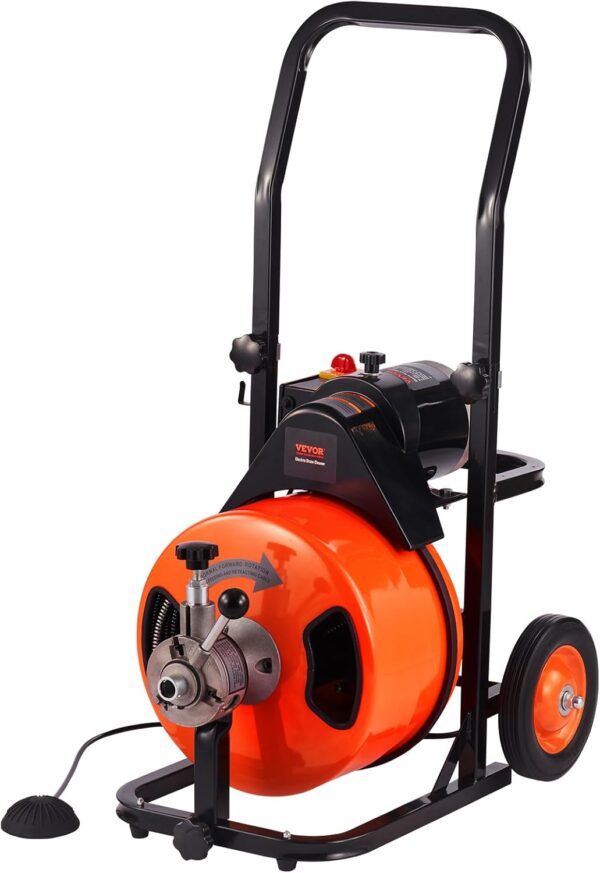 Drain Cleaner Machine 100FT x 1/2Inch, Auto Feed Sewer Snake Auger with 4 Cutter & Air-activated Foot Switch for 1" to 4" Pipes, Orange, Black - Image 27
