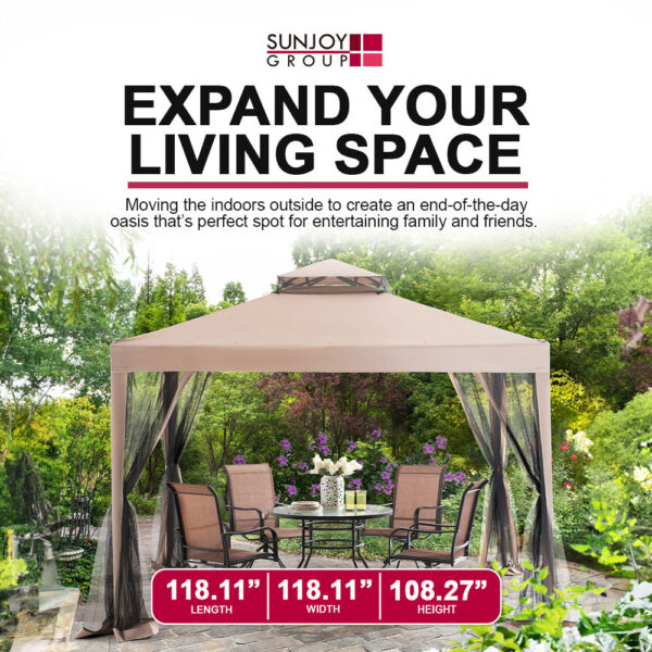 10 x 10 Foot Hampton Soft Top Steel Gazebo with Mosquito Netting, Brown - Image 6
