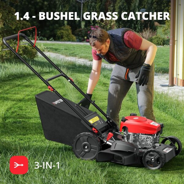 21" Steel Deck Gas Lawn Mower, Heavy-Duty 3-in-1 Push Mower, 144cc 4-Stroke Engine, 6-Position Height Adjustment, Large 1.4 Bushel Grass Catcher, Durable & Efficient for Yard & Garden - Image 3