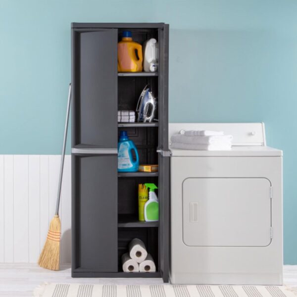 Storage Cabinet, Rugged Plastic Garage Organizer with Double Doors, 4 Adjustable Shelves, Gray - Image 4