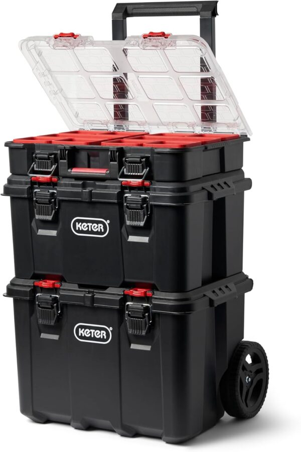 Stack-n-Roll Modular Tools Organizer for Garage Storage and DIY, 3 Piece Resin Rolling Tool Box System for Small Parts
