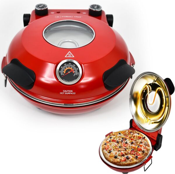 Electric Pizza Oven with Ceramic Stone, Viewing Window, Adjustable Heat Control, Timer and 1200W Baking Power, DIY Homemade Pizzeria, Large 12” Pie Capacity (Black)