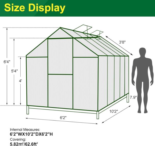 6'x10' Walk-in Greenhouse with 4mm 800G Polycarbonate Panels - Heavy-Duty Aluminum Frame, Wind/Snow Resistant for Gardening, Includes Sliding Door & Ventilation Windows (Green) - Image 2